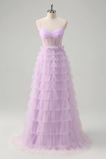 Light Purple A-Line Tiered Corset Sheer Long Prom Dress with Ruffles